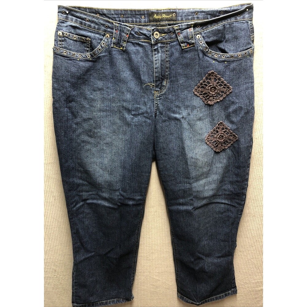Ashley Stewart Jeans Women 16W Embroidered Eyelet Denim Artsy Boho Lagenlook Y2K